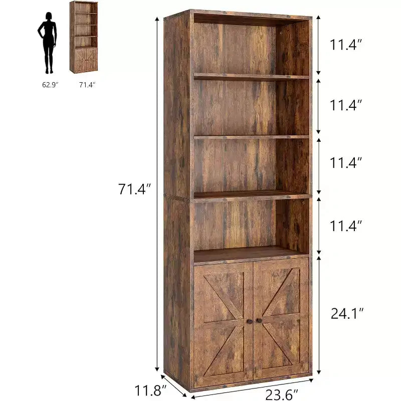 Bibliothèque de ferme avec portes, armoire de rangement et de présentation rustique marron de 71" de hauteur à 6 étagères pour le bureau à domicile et le salon