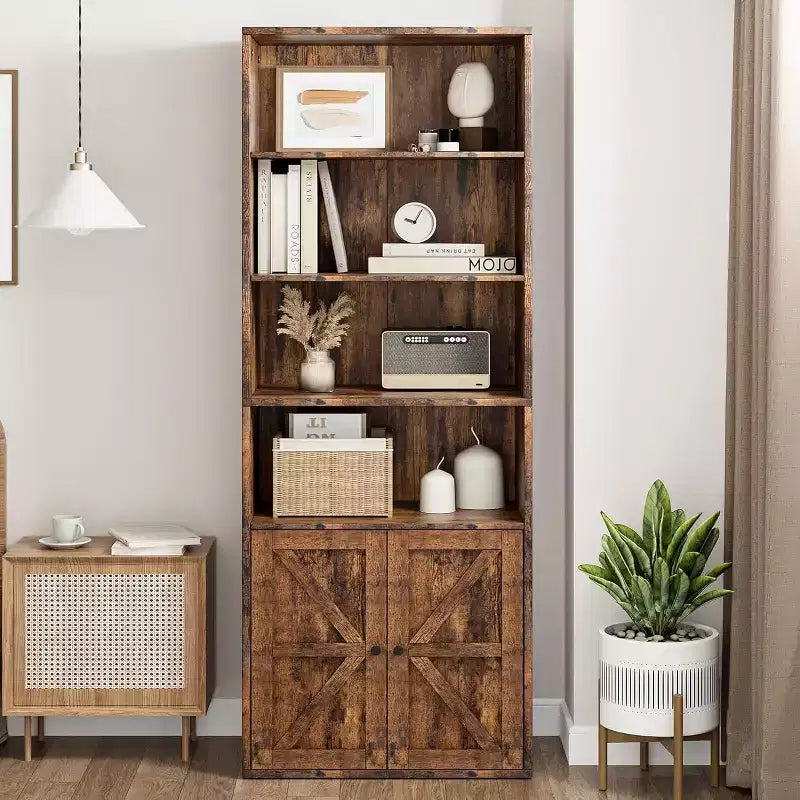 Bibliothèque de ferme avec portes, armoire de rangement et de présentation rustique marron de 71" de hauteur à 6 étagères pour le bureau à domicile et le salon
