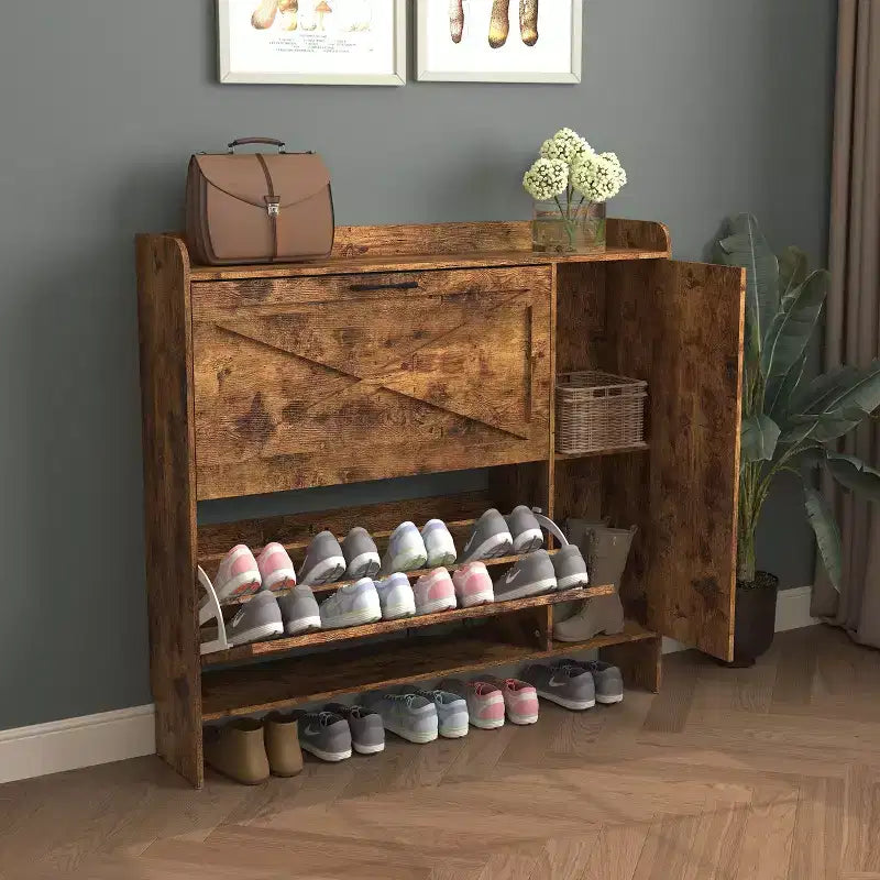 Okak Shoe Cabinet, Freestanding Shoe Organizer with 2 Flip Drawers, Shoe Storage Cabinet for Entryway, Living Room, Hallway, Brown