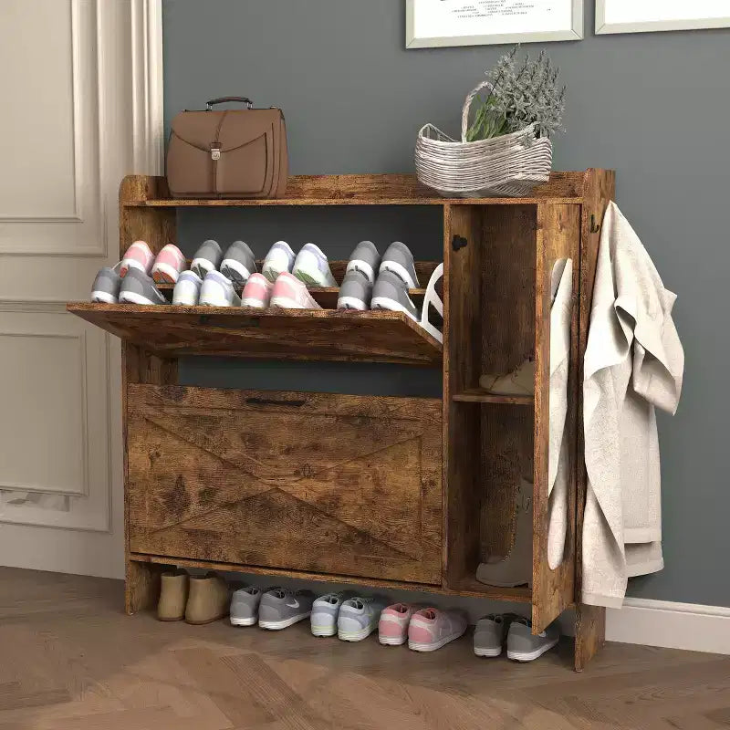 Meuble à chaussures, organisateur de chaussures autoportant avec 2 tiroirs basculants, meuble de rangement pour chaussures pour entrée, salon, couloir, marron