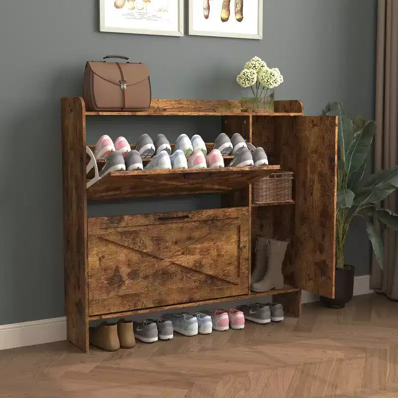 Meuble à chaussures, organisateur de chaussures autoportant avec 2 tiroirs basculants, meuble de rangement pour chaussures pour entrée, salon, couloir, marron