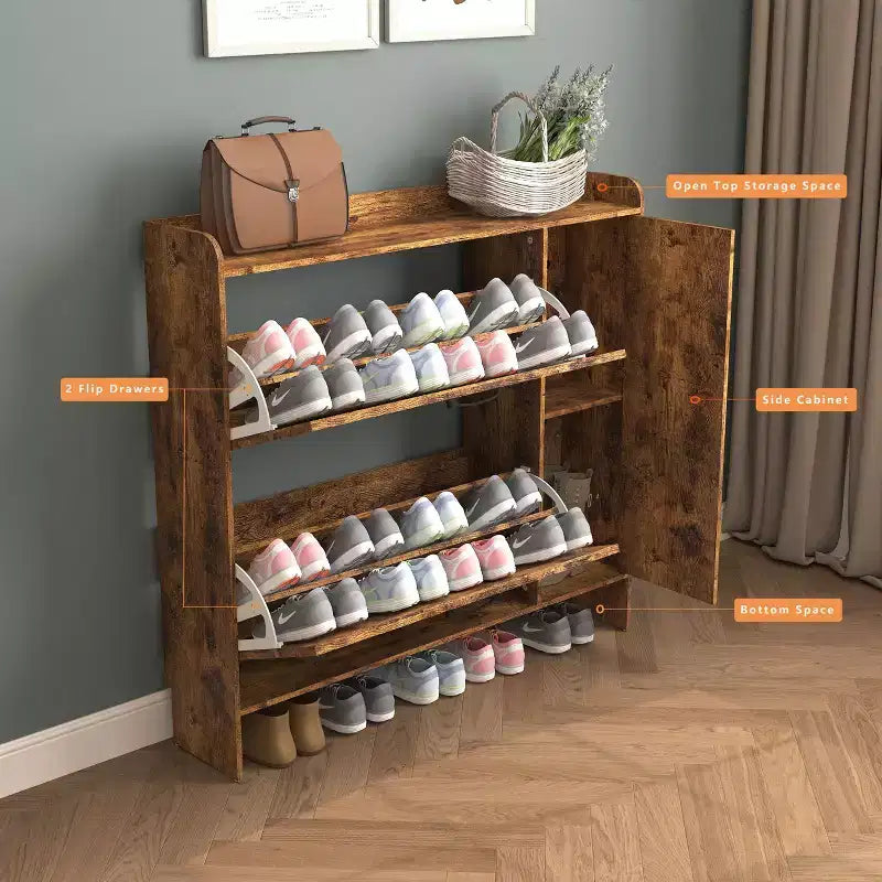 Meuble à chaussures, organisateur de chaussures autoportant avec 2 tiroirs basculants, meuble de rangement pour chaussures pour entrée, salon, couloir, marron