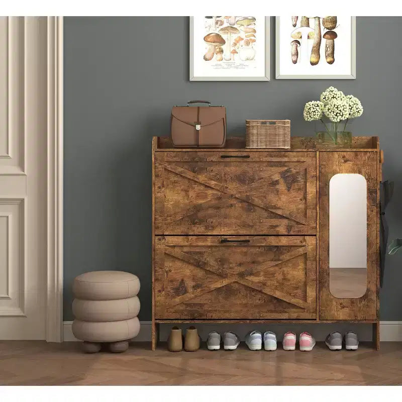 Meuble à chaussures, organisateur de chaussures autoportant avec 2 tiroirs basculants, meuble de rangement pour chaussures pour entrée, salon, couloir, marron
