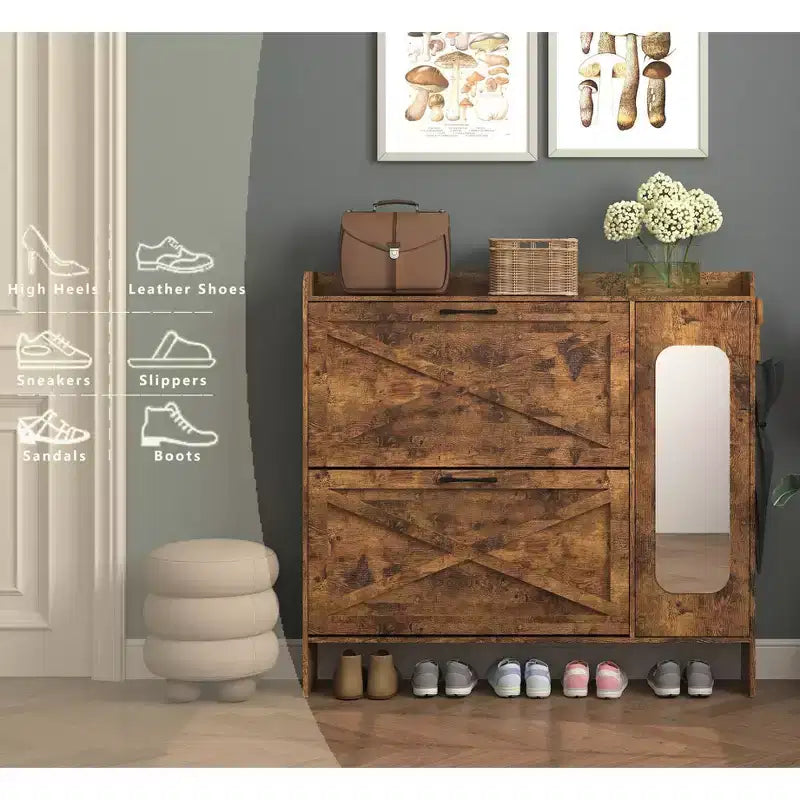 Meuble à chaussures, organisateur de chaussures autoportant avec 2 tiroirs basculants, meuble de rangement pour chaussures pour entrée, salon, couloir, marron