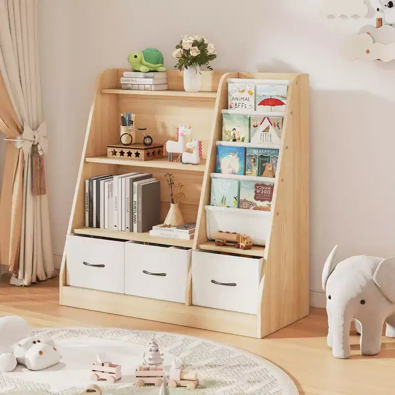 Étagère Organisateur Cube pour Livres d'Enfants et Rangement de Jouets avec Bacs en Tissu, Présentoir à Livres Face Avant, Organisateur en Bois pour Salle de Jeux, Crèche