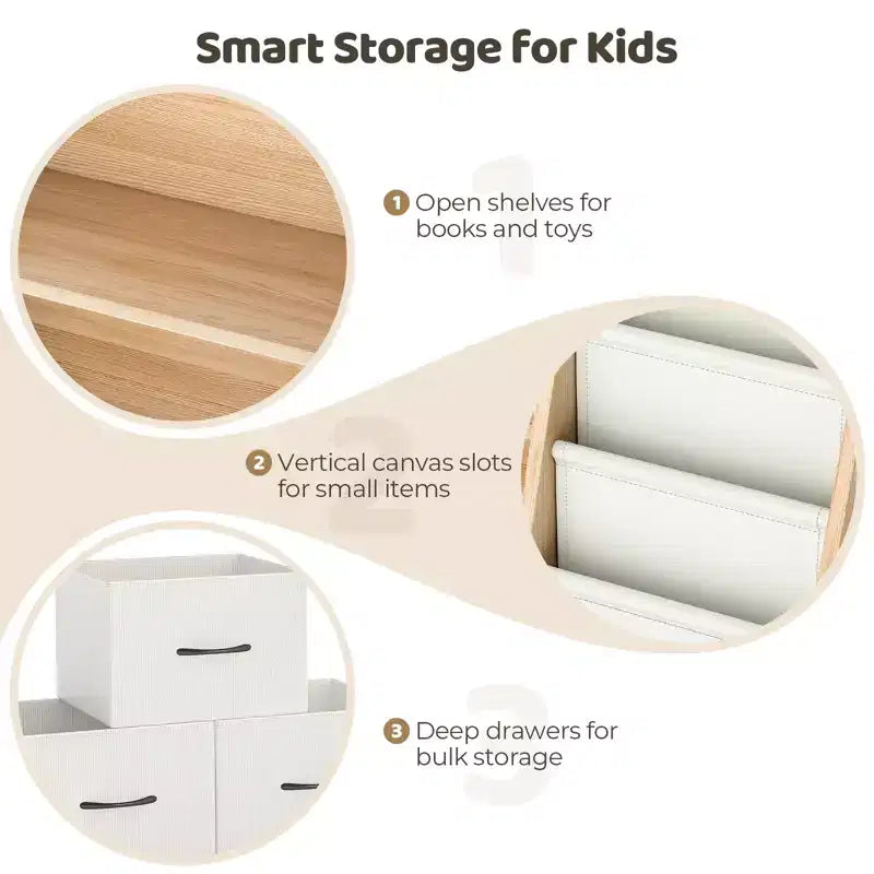 Étagère Organisateur Cube pour Livres d'Enfants et Rangement de Jouets avec Bacs en Tissu, Présentoir à Livres Face Avant, Organisateur en Bois pour Salle de Jeux, Crèche