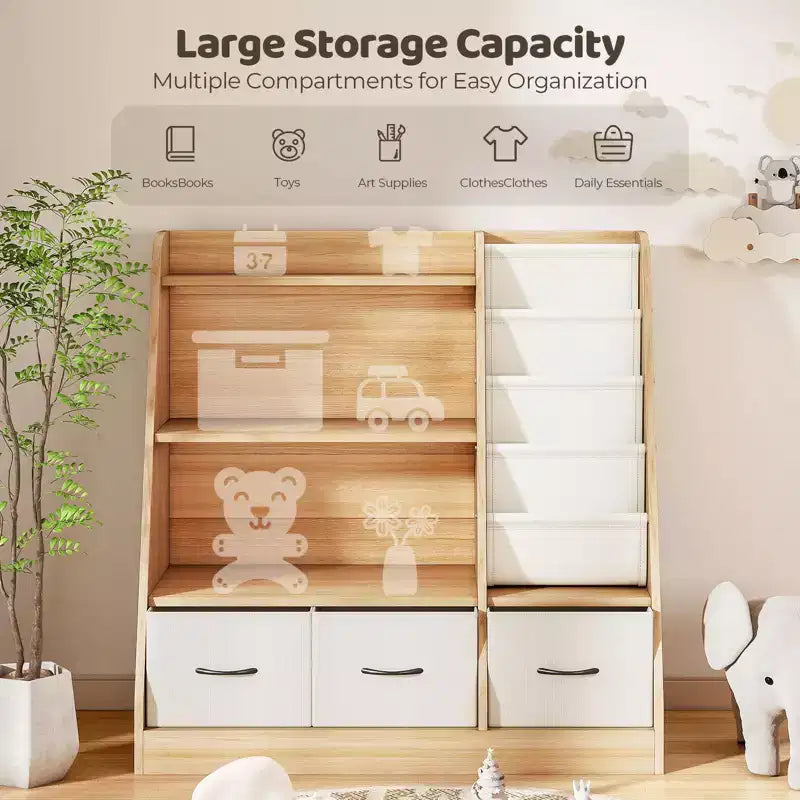 Étagère Organisateur Cube pour Livres d'Enfants et Rangement de Jouets avec Bacs en Tissu, Présentoir à Livres Face Avant, Organisateur en Bois pour Salle de Jeux, Crèche