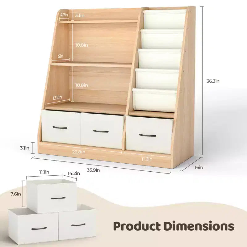 Étagère Organisateur Cube pour Livres d'Enfants et Rangement de Jouets avec Bacs en Tissu, Présentoir à Livres Face Avant, Organisateur en Bois pour Salle de Jeux, Crèche