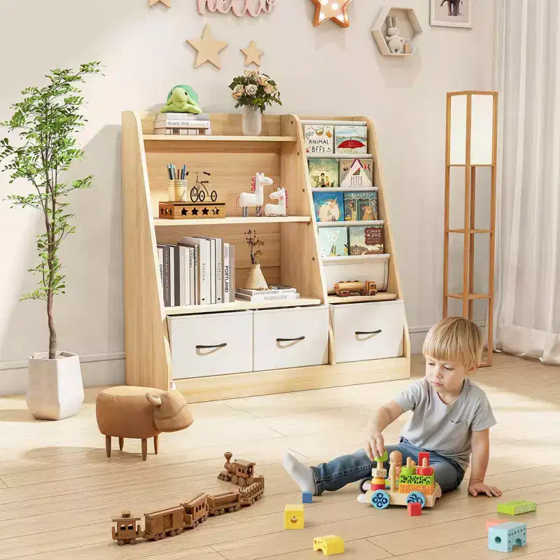 Étagère Organisateur Cube pour Livres d'Enfants et Rangement de Jouets avec Bacs en Tissu, Présentoir à Livres Face Avant, Organisateur en Bois pour Salle de Jeux, Crèche