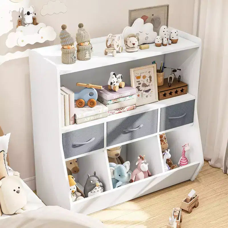 Étagère Organisateur Cube pour Livres d'Enfants et Rangement de Jouets avec Bacs en Tissu, Présentoir à Livres Face Avant, Organisateur en Bois pour Salle de Jeux, Crèche