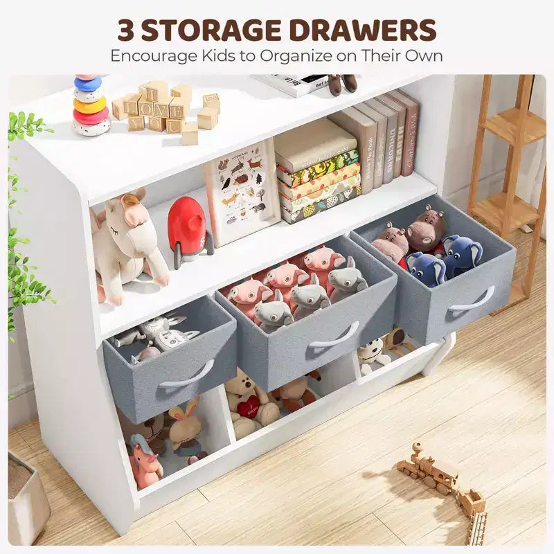 Étagère Organisateur Cube pour Livres d'Enfants et Rangement de Jouets avec Bacs en Tissu, Présentoir à Livres Face Avant, Organisateur en Bois pour Salle de Jeux, Crèche