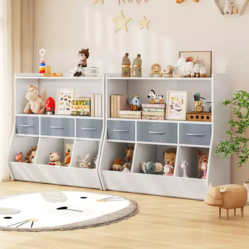 Étagère Organisateur Cube pour Livres d'Enfants et Rangement de Jouets avec Bacs en Tissu, Présentoir à Livres Face Avant, Organisateur en Bois pour Salle de Jeux, Crèche