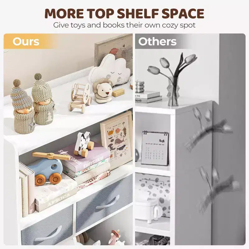 Étagère Organisateur Cube pour Livres d'Enfants et Rangement de Jouets avec Bacs en Tissu, Présentoir à Livres Face Avant, Organisateur en Bois pour Salle de Jeux, Crèche