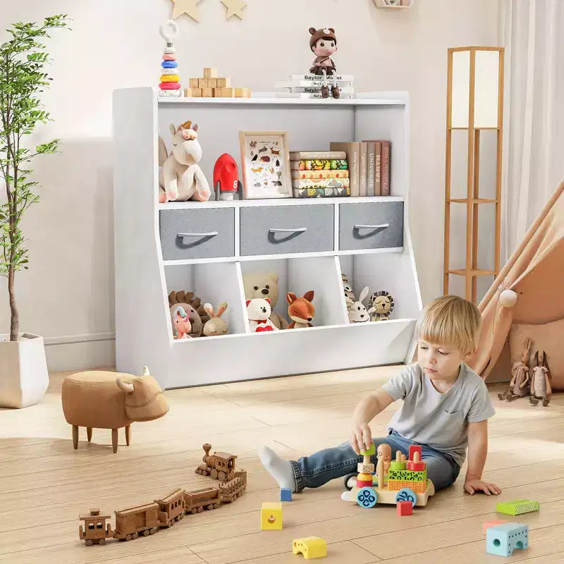 Étagère Organisateur Cube pour Livres d'Enfants et Rangement de Jouets avec Bacs en Tissu, Présentoir à Livres Face Avant, Organisateur en Bois pour Salle de Jeux, Crèche