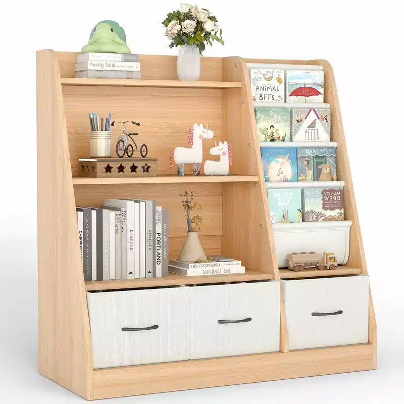 Étagère Organisateur Cube pour Livres d'Enfants et Rangement de Jouets avec Bacs en Tissu, Présentoir à Livres Face Avant, Organisateur en Bois pour Salle de Jeux, Crèche