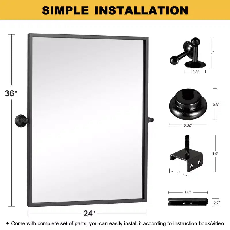 Miroir mural 24x31 po, quincaillerie en fer à angle droit, noir