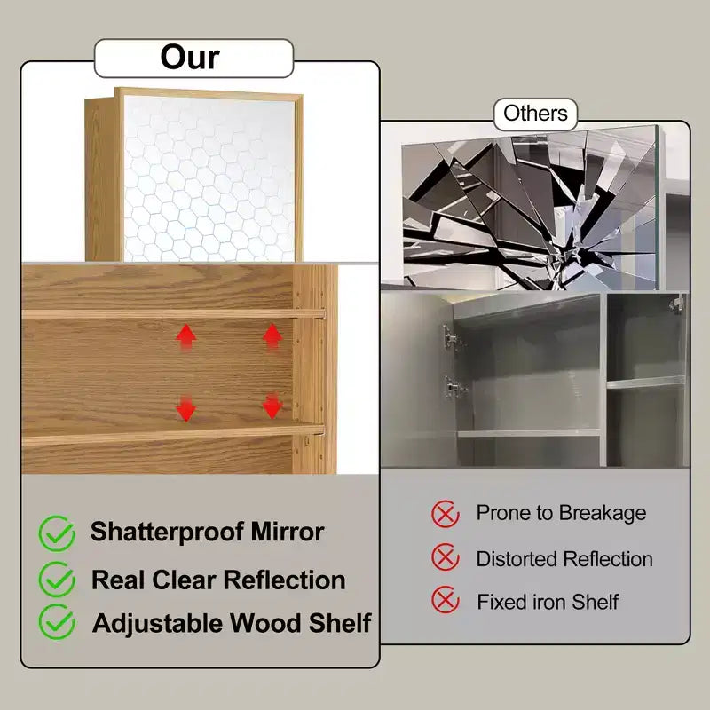 Armoire murale de salle de bain avec miroir, armoire de rangement en bois de chêne avec étagères réglables pour l'organisation de la salle de bain