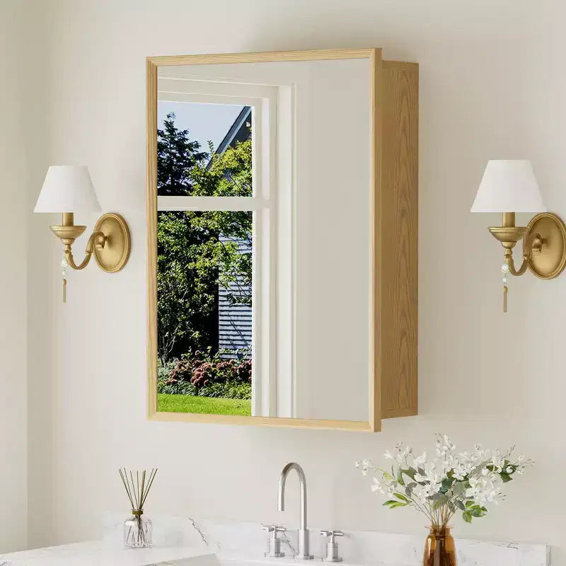 Armoire murale de salle de bain avec miroir, armoire de rangement en bois de chêne avec étagères réglables pour l'organisation de la salle de bain