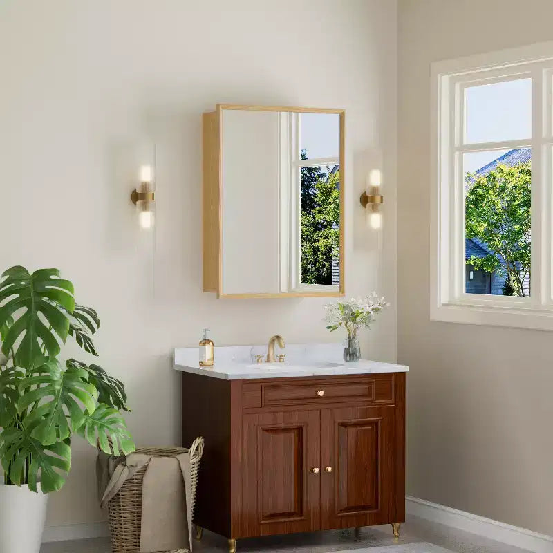 Armoire murale de salle de bain avec miroir, armoire de rangement en bois de chêne avec étagères réglables pour l'organisation de la salle de bain