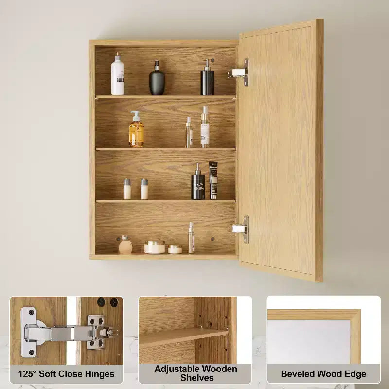 Armoire murale de salle de bain avec miroir, armoire de rangement en bois de chêne avec étagères réglables pour l'organisation de la salle de bain