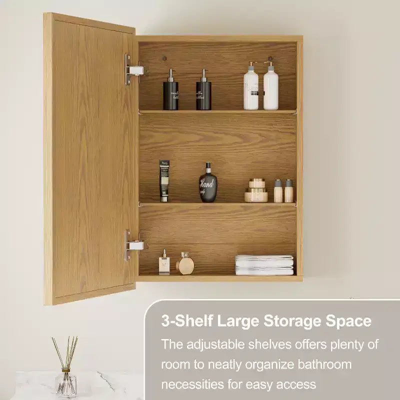Armoire murale de salle de bain avec miroir, armoire de rangement en bois de chêne avec étagères réglables pour l'organisation de la salle de bain