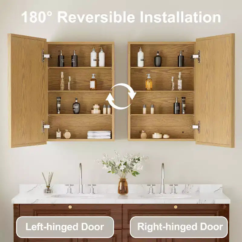 Armoire murale de salle de bain avec miroir, armoire de rangement en bois de chêne avec étagères réglables pour l'organisation de la salle de bain