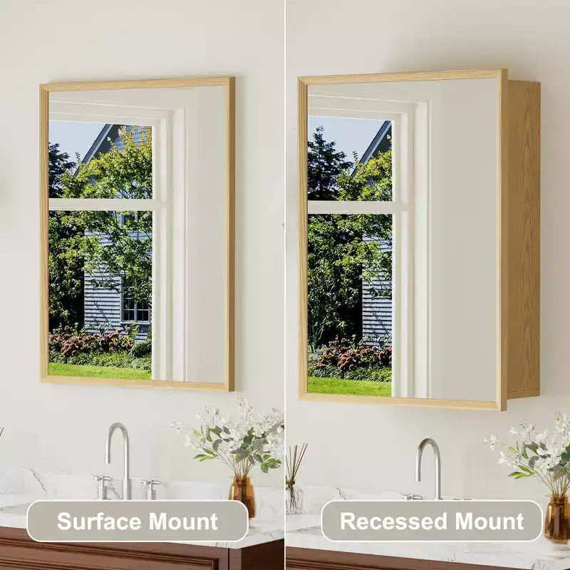 Armoire murale de salle de bain avec miroir, armoire de rangement en bois de chêne avec étagères réglables pour l'organisation de la salle de bain
