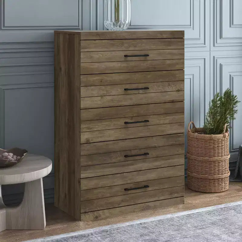 Commode 5 tiroirs (Verrouillage) - Chêne noueux