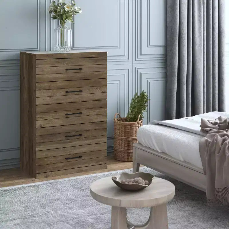 Commode 5 tiroirs (Verrouillage) - Chêne noueux
