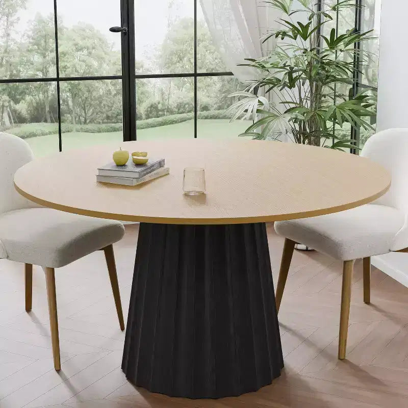 Table à manger ronde en bois massif de 52 po pour 4 à 6 personnes avec plateau et base cannelée conique pour salon/salle à manger/bureau, couleur naturelle