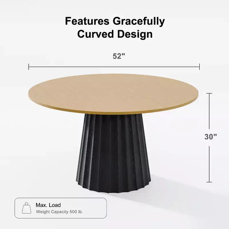 Table à manger ronde en bois massif de 52 po pour 4 à 6 personnes avec plateau et base cannelée conique pour salon/salle à manger/bureau, couleur naturelle