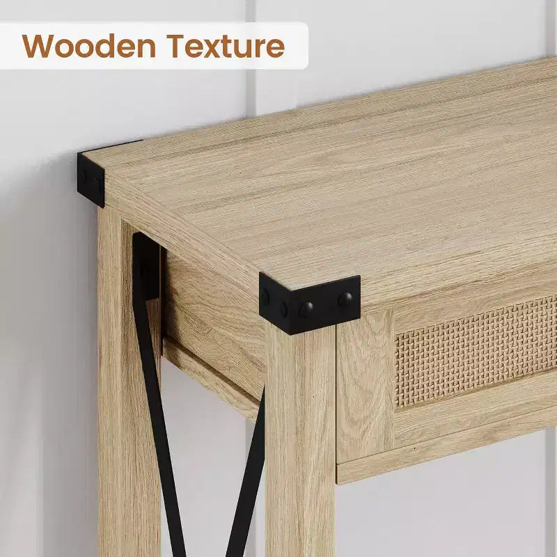 Table d'entrée de style rustique avec 2 tiroirs, console en bois avec accents en rotin, parfaite pour le salon, le hall d'entrée, le couloir