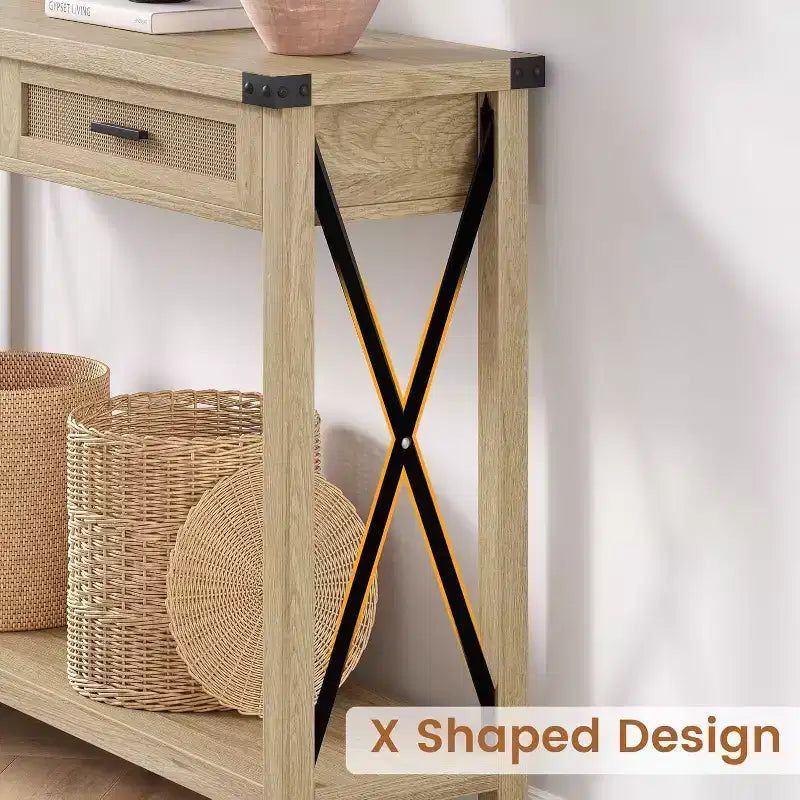 Table d'entrée de style rustique avec 2 tiroirs, console en bois avec accents en rotin, parfaite pour le salon, le hall d'entrée, le couloir