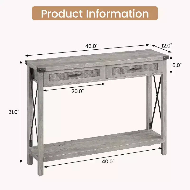 Table d'entrée de style rustique avec 2 tiroirs, console en bois avec accents en rotin, parfaite pour le salon, le hall d'entrée, le couloir