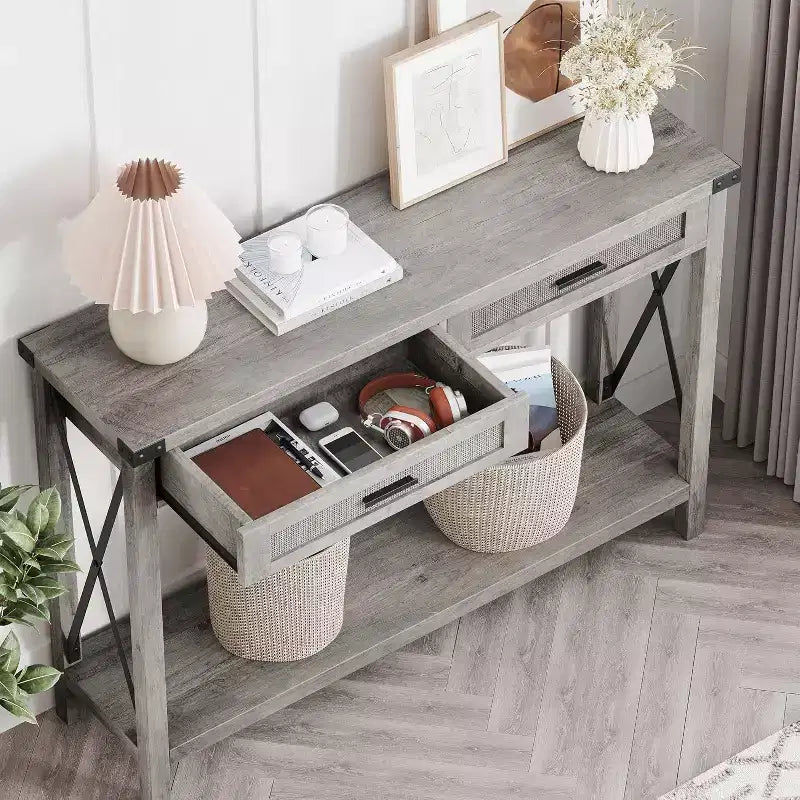 Table d'entrée de style rustique avec 2 tiroirs, console en bois avec accents en rotin, parfaite pour le salon, le hall d'entrée, le couloir