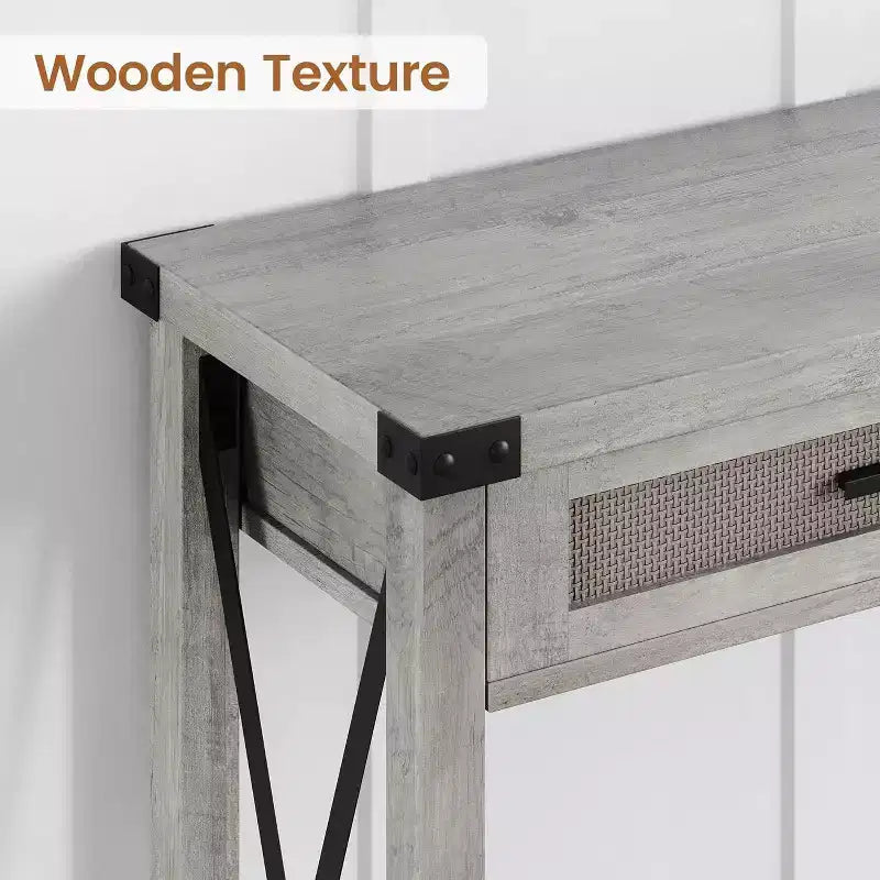Table d'entrée de style rustique avec 2 tiroirs, console en bois avec accents en rotin, parfaite pour le salon, le hall d'entrée, le couloir