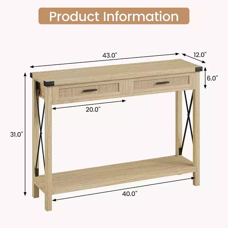 Table d'entrée de style rustique avec 2 tiroirs, console en bois avec accents en rotin, parfaite pour le salon, le hall d'entrée, le couloir