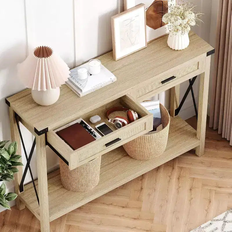 Table d'entrée de style rustique avec 2 tiroirs, console en bois avec accents en rotin, parfaite pour le salon, le hall d'entrée, le couloir