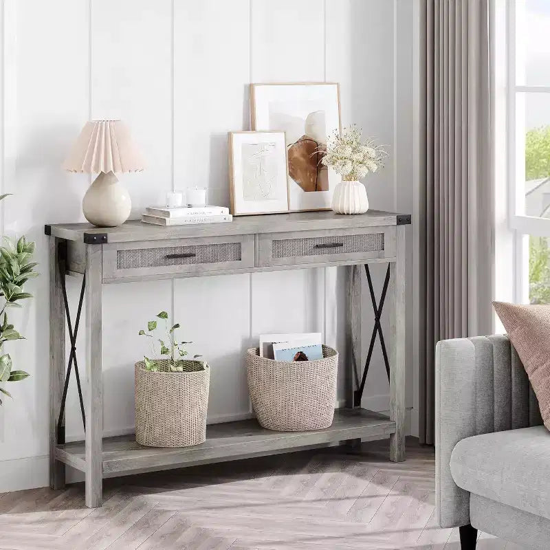 Farmhouse Style Entryway Table with 2 Drawers, Rattan-Accented Wooden Console Sofa Table, Perfect for Living Room, Foyer, Hallway