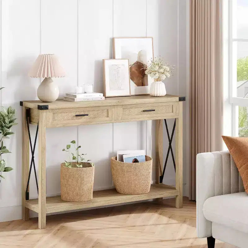 Table d'entrée de style rustique avec 2 tiroirs, console en bois avec accents en rotin, parfaite pour le salon, le hall d'entrée, le couloir