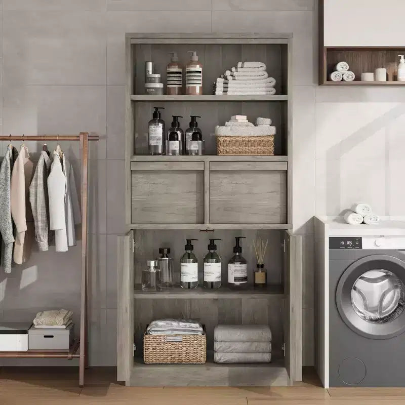 Armoire de salle de bain haute, Meuble de rangement sur pied avec portes et 2 tiroirs, Armoire de rangement haute de 130 cm pour salle de bain, salon