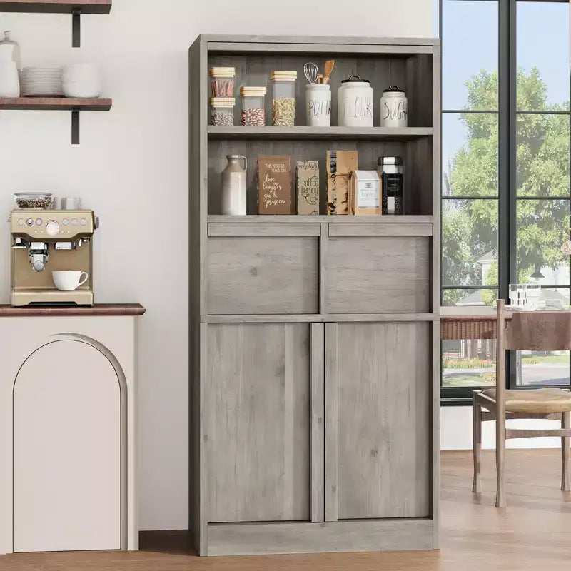 Armoire de salle de bain haute, Meuble de rangement sur pied avec portes et 2 tiroirs, Armoire de rangement haute de 130 cm pour salle de bain, salon