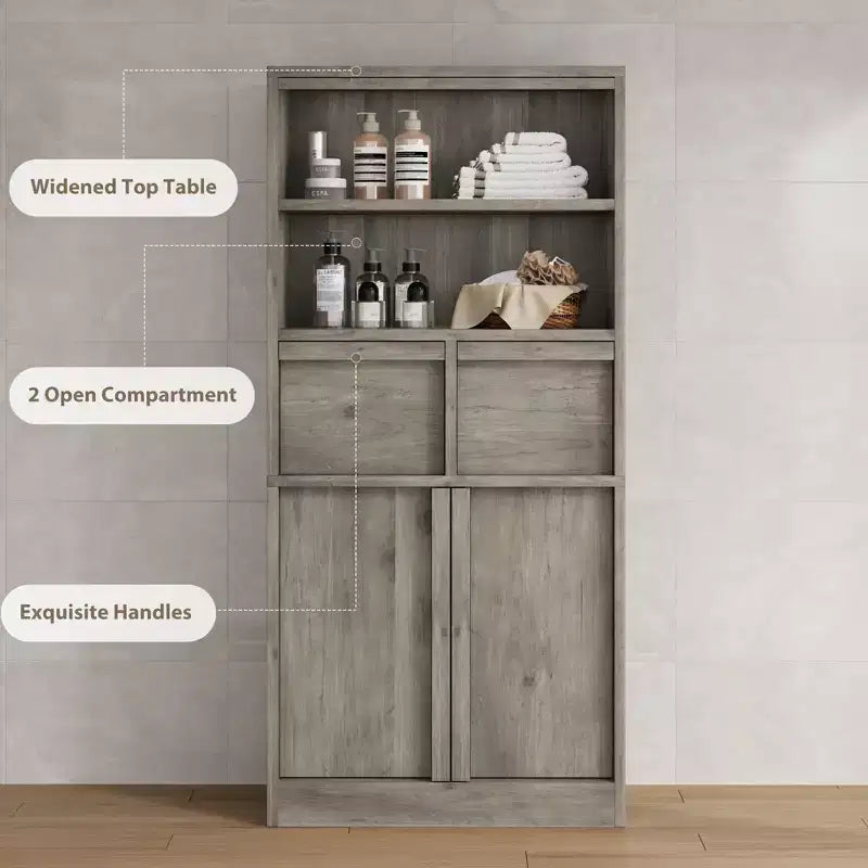Armoire de salle de bain haute, Meuble de rangement sur pied avec portes et 2 tiroirs, Armoire de rangement haute de 130 cm pour salle de bain, salon