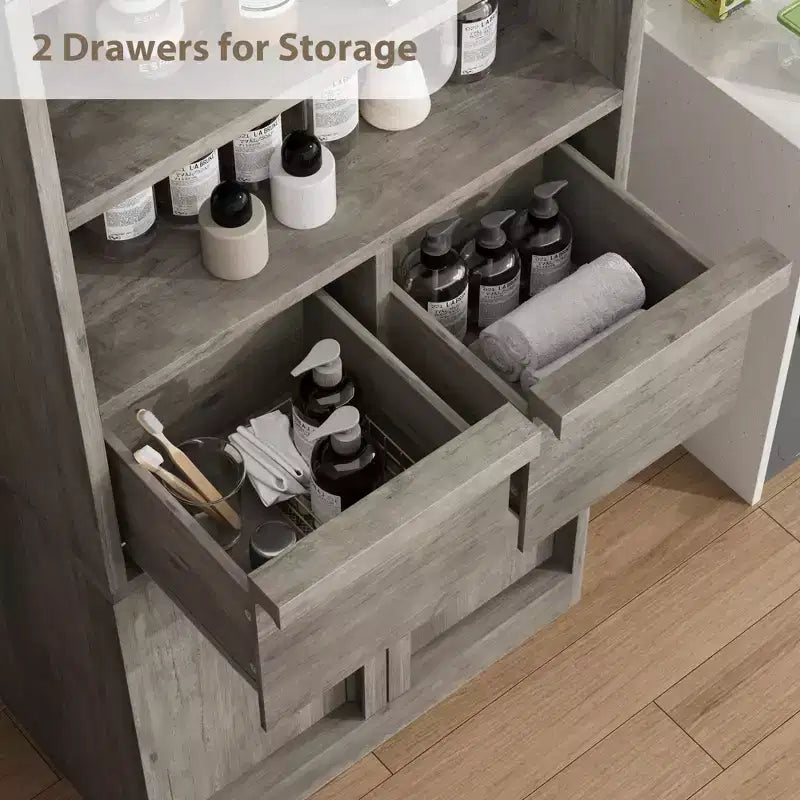 Armoire de salle de bain haute, Meuble de rangement sur pied avec portes et 2 tiroirs, Armoire de rangement haute de 130 cm pour salle de bain, salon