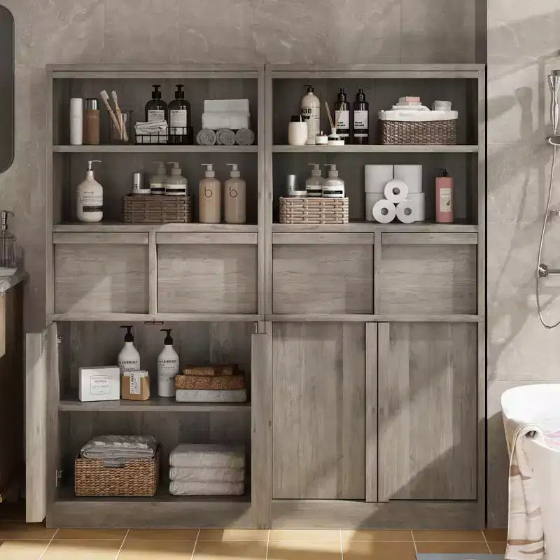 Armoire de salle de bain haute, Meuble de rangement sur pied avec portes et 2 tiroirs, Armoire de rangement haute de 130 cm pour salle de bain, salon