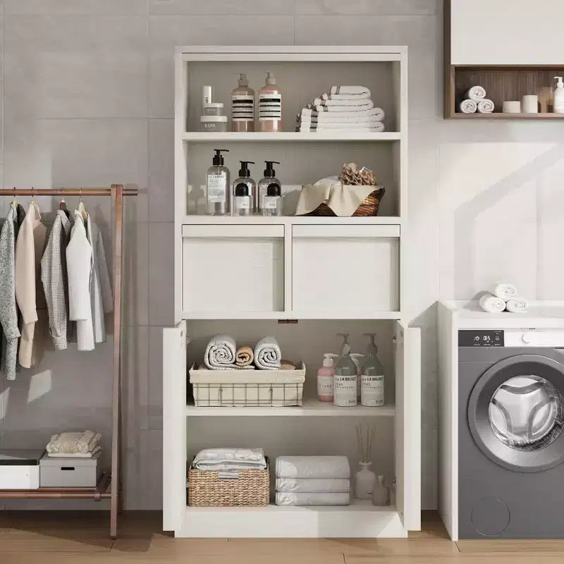 Armoire de salle de bain haute, Meuble de rangement sur pied avec portes et 2 tiroirs, Armoire de rangement haute de 130 cm pour salle de bain, salon