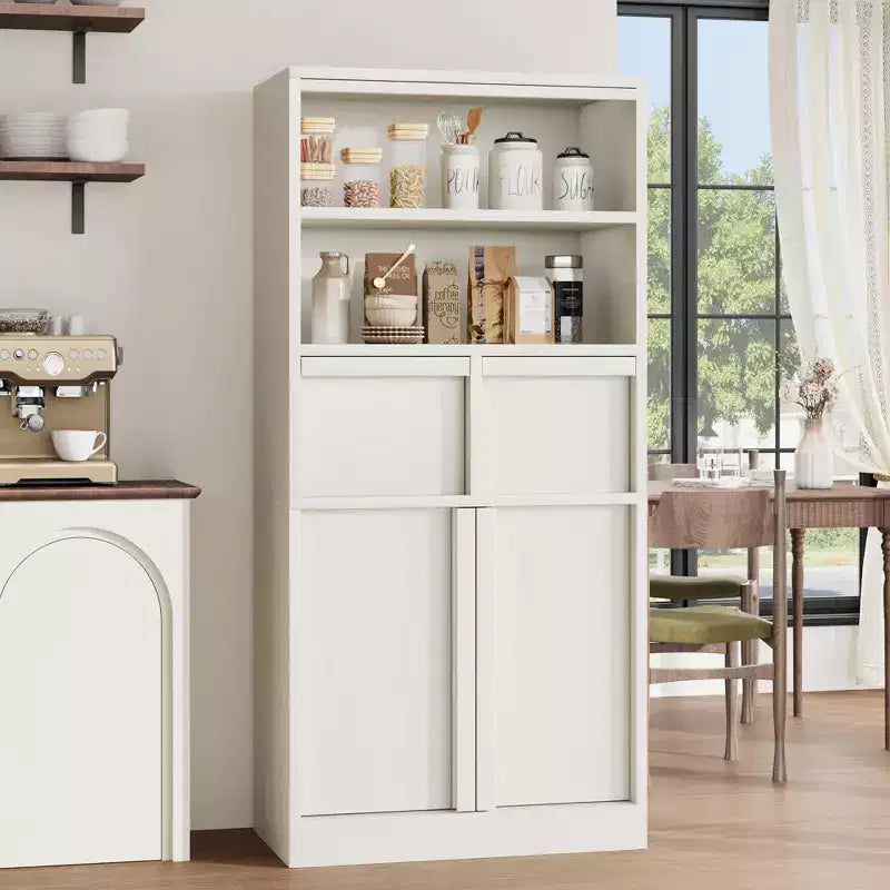 Armoire de salle de bain haute, Meuble de rangement sur pied avec portes et 2 tiroirs, Armoire de rangement haute de 130 cm pour salle de bain, salon