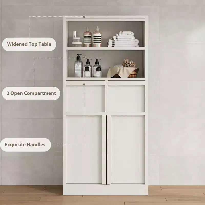 Armoire de salle de bain haute, Meuble de rangement sur pied avec portes et 2 tiroirs, Armoire de rangement haute de 130 cm pour salle de bain, salon
