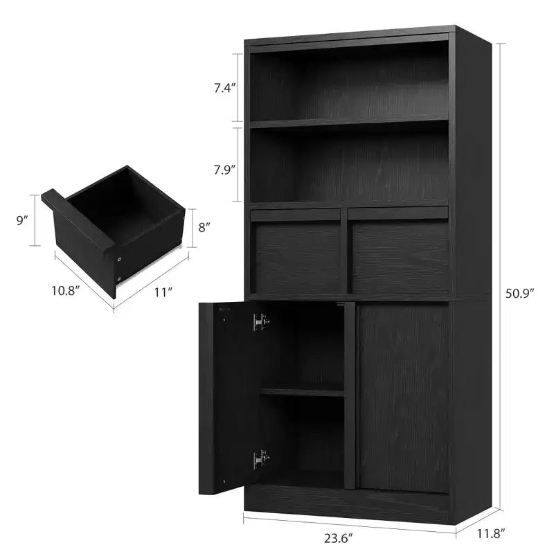 Armoire de salle de bain haute, Meuble de rangement sur pied avec portes et 2 tiroirs, Armoire de rangement haute de 130 cm pour salle de bain, salon