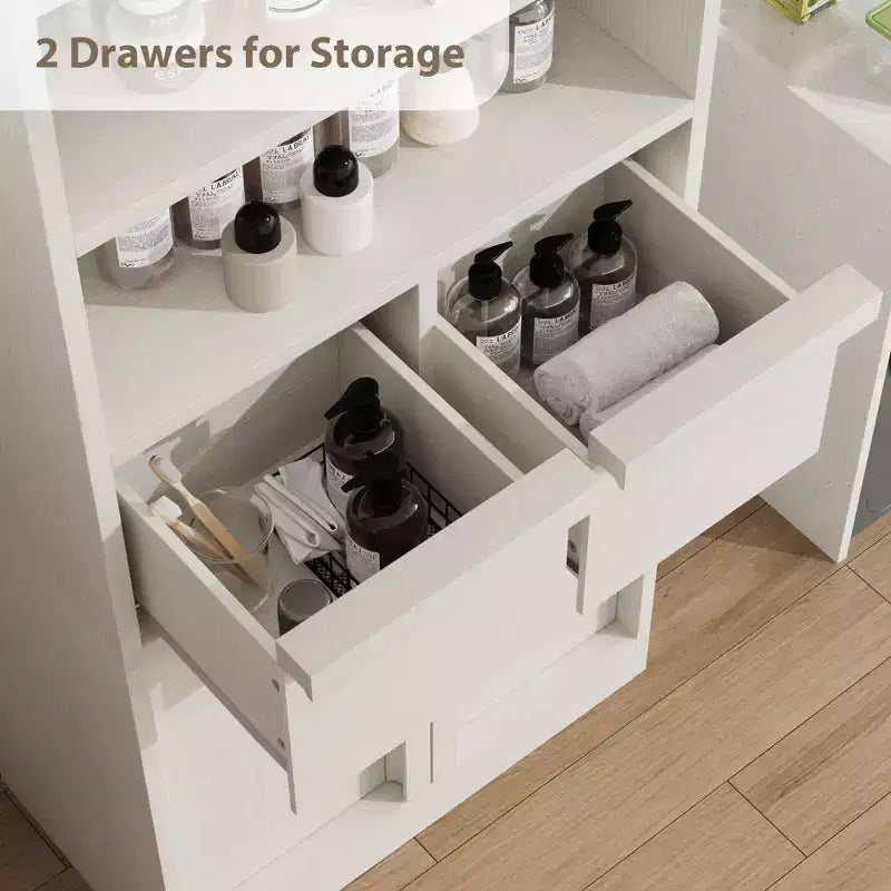 Armoire de salle de bain haute, Meuble de rangement sur pied avec portes et 2 tiroirs, Armoire de rangement haute de 130 cm pour salle de bain, salon